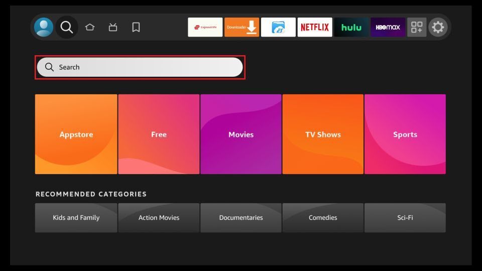 Firestick Find menu with the Search option highlighted