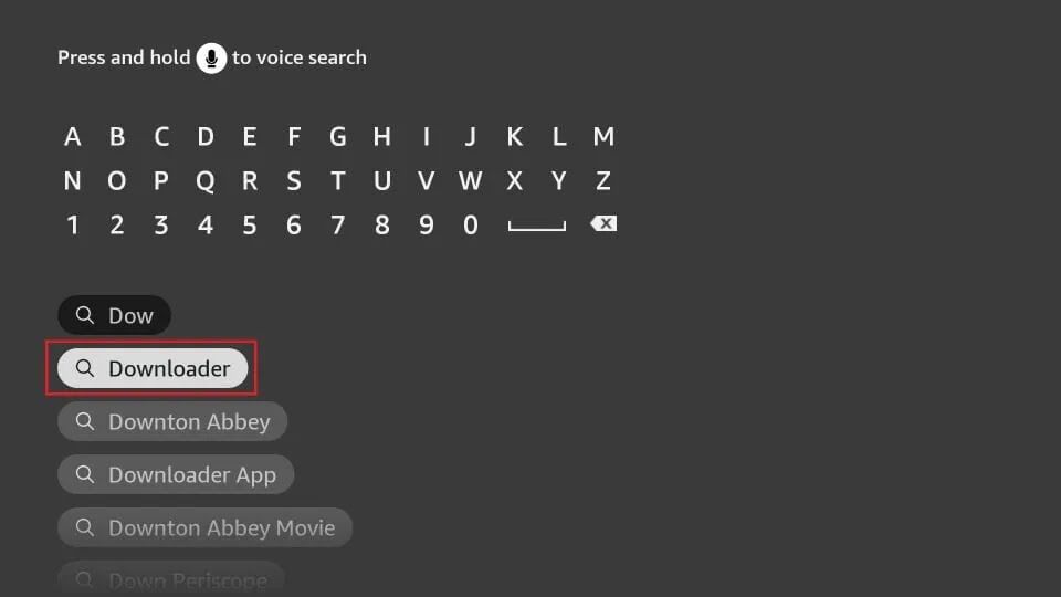 Firestick search results showing the orange Downloader app