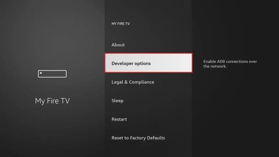 My Fire TV menu showing the Developer Options entry