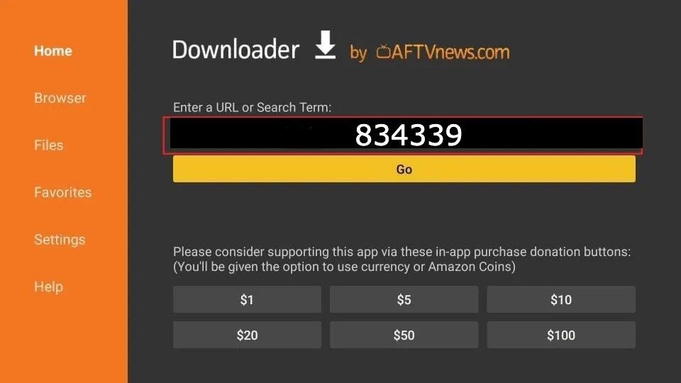 Downloader app URL box with the code 834339 entered